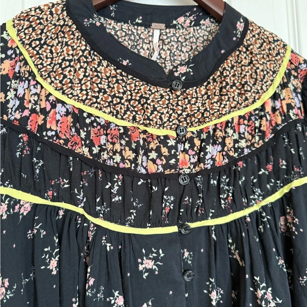 Free People Black Floral Button-Front Blouse with Neon Trim